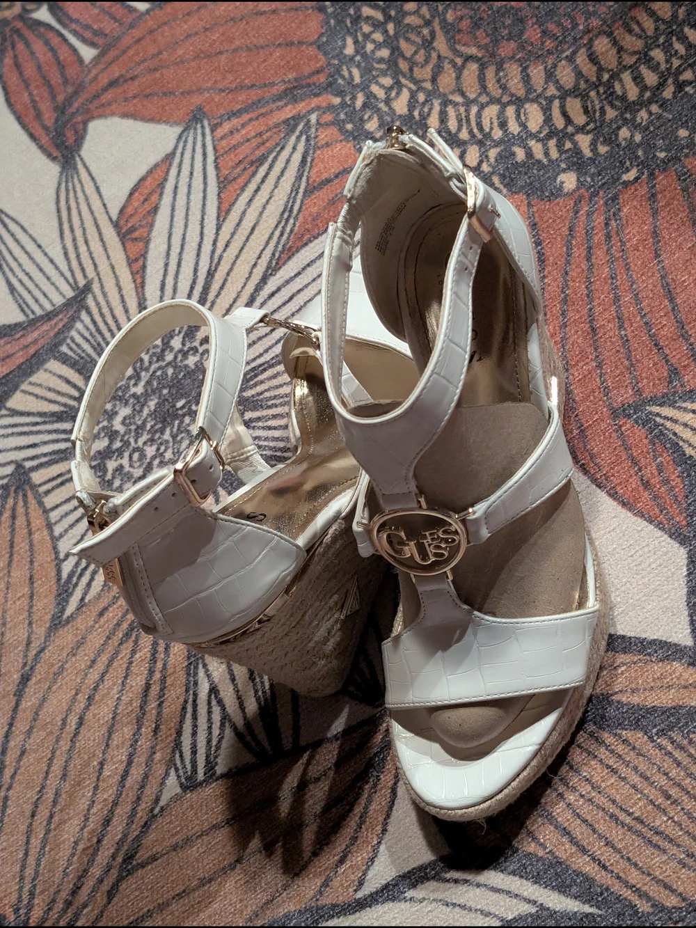 GUESS White Espadrille Wedge Sandals with Logo Accent